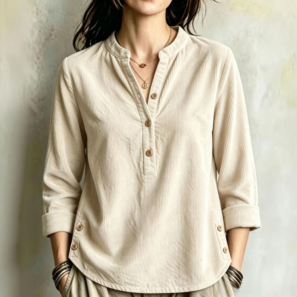 Chemise à Manches Longues Boutonnée Col en V en Velours Côtelé pour Femme, Style Décontracté