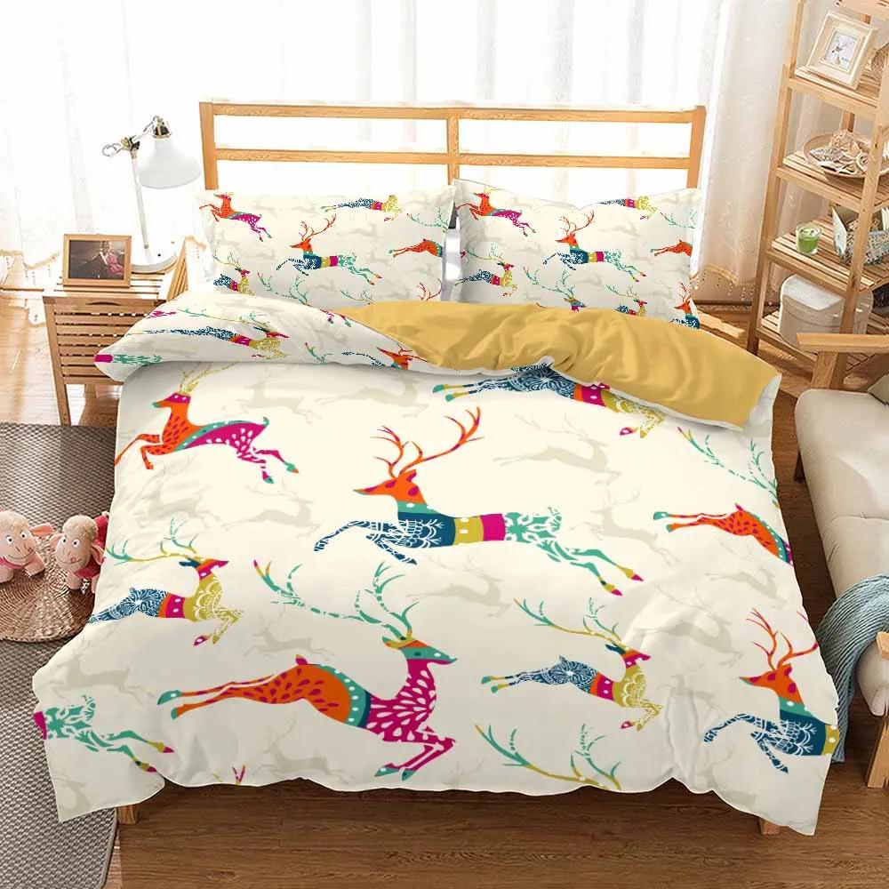 US Size Bedding Queen King Size 2/3Pcs Deer And Flowers Autumn Leaves Duvet Cover Sets Pillow Shams Single Double Kids Bed Set