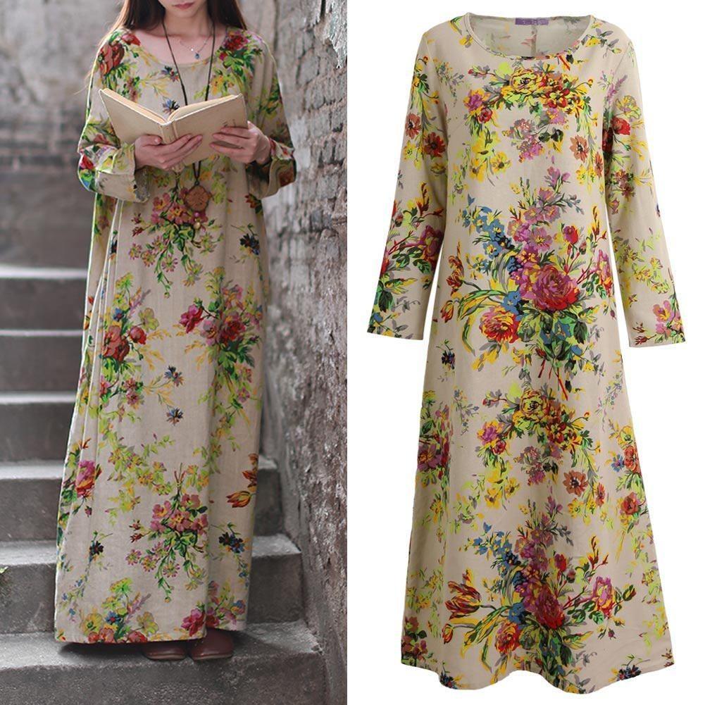 Vintage Women Casual Boho Dress Maxi Loose Long Cotton Dress Floral Sleeve Linen