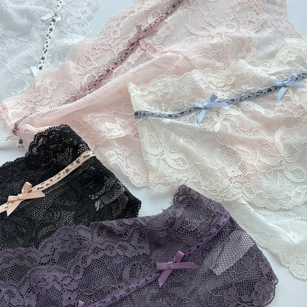 Lady Summer Flimsy Sexy Lace Leopard Print Collision Color Ribbon Bow In Waist Triangle Briefs