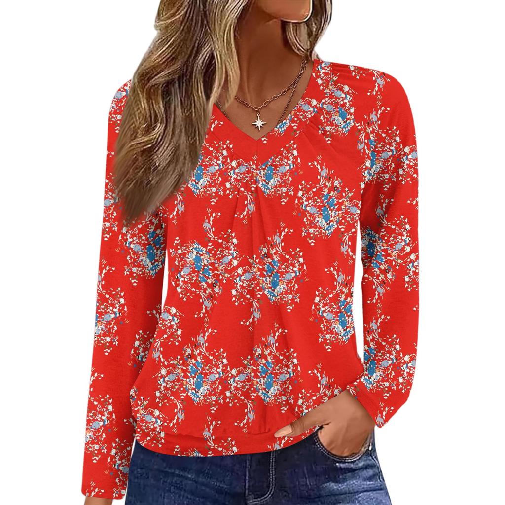 Women's Casual Fashion V-Neck Raglan Pleated Floral Print Long Sleeve Top