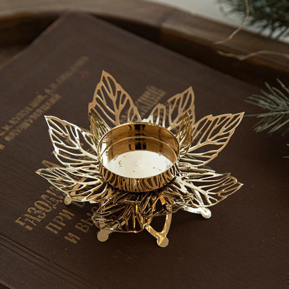 

Flower Shape Snowflake Candle Holders Golden Candlestick Tabletop Ornaments Wedding Style A