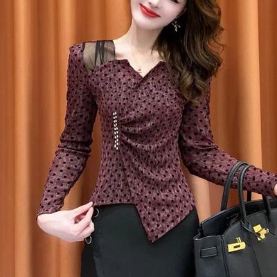 Westlicher Stil Unregelmäßiges Unterhemd für Damen Herbst Neues Oberteil Slim Fit V-Ausschnitt Langarm Netz-Spleiß