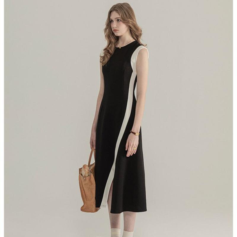 Spring Summer Women O Neck Comfortable Elegance Sleeveless Temperament High Waist A Line Simple Solid Color Long Dress