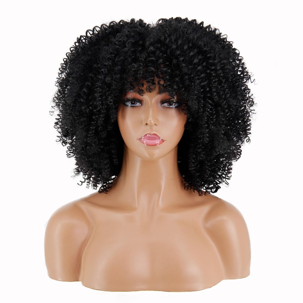 MISS WIG African Descent Lady Short Curly Hair Wig with Bangs African Synthetic High Temperature Fiber Wig Black Cosplay Party Daily Wig