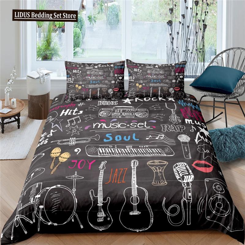 3d Music Notes Guitar Duvet Cover Set For Teens Adults Bedroom Decor 2/3pcs Music Bedding Sets Fashion Hip Hop Comforter Cover