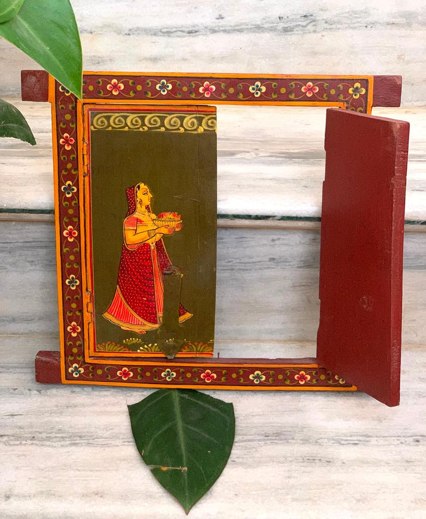 Handmade Radha Krishna Painting: Vintage Wooden Window Wall Decor