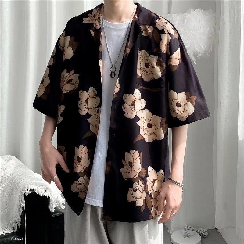 Summer Hawaiian Shirts For Men Hip Hop Mens Japanese Geisha Funny Printed White Pink Shirts Men Korean Casual Holiday Tops Shirt