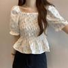 Summer Women's New French Chic Floral Square-neck Short-sleeve Chiffon Waist-cinching Cropped Top