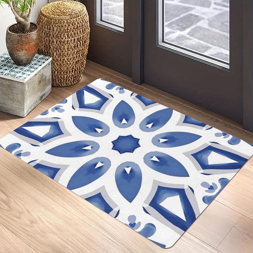Blau Weiß Muster Teppichmatte - Symmetrisches Design Mediterran Geometrisch Vintage Traditionell Dekorativ Heimdekoration Teppich