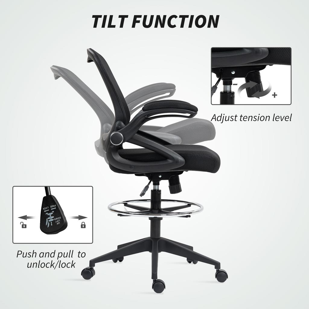 Drafting Chair with Flip-up Armrest, Mesh Office Stool with Foot Ring, 360 Degree Swivel Height Adjustable Chair for Standing Desk, Black