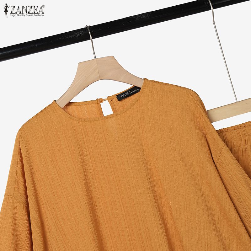 ZANZEA Completo da Donna Casual a Due Pezzi con Blusa a Manica Lunga Irregolare e Pantaloni Lunghi