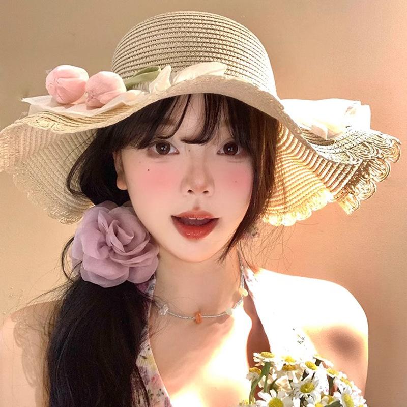 Summer Tulip Lace Edged Straw Hat Women's Beach Vacation Wind Sun Protection Hat Big Brim Sun Hat