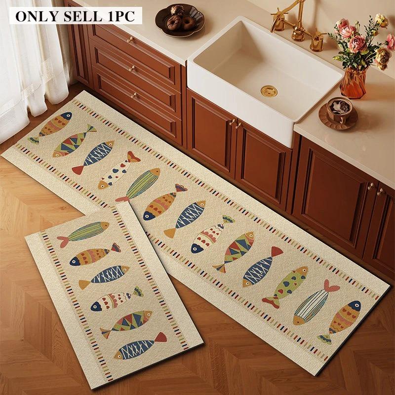 Kitchen Carpet PVC Waterproof Leather Floor Mat Colorful Fish Pattern Rug Oil-proof Non-slip Long Carpets Home Decoration Rugs