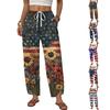 Women Casual Loose Fit Straight Leg Drawstring Pants Independence Day Print Lightweight Comfortable Lounge Trousers