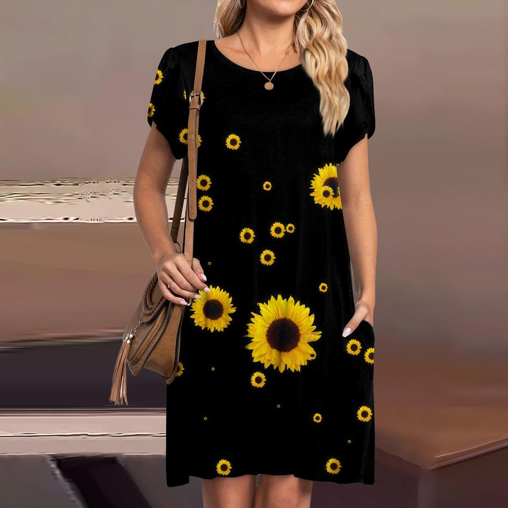 Womens Summer Short Sleeve Dresses Casual Loose Crewneck Dress Swing Comfy Beach Sundress With Pockets