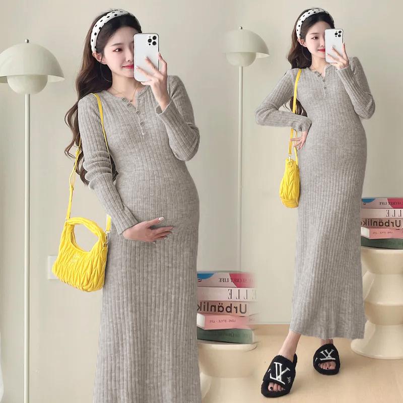 Maternity French Style Dress: Spring/Autumn Innerwear, Plus Velvet Warm, Solid Color, Round Neck, Belly Support, Slimming