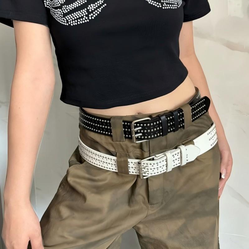 Y2K White PU Belt With Rhinestone Embellishment Jeans Or Casual Pants Alloy Pin Buckle 3.8cm Wide 100cm Length