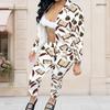 Women Plus Size White Printed Long Sleeve Zip Front Jacket And Long Pants Two Piece Set