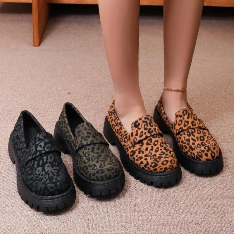 Fashion Women's Fashion Leopard Patchwork Slip-on Loafers Chunky Heel Platform Casual Shoes 2024 New Ladies Moccasins Shoes Plus Size