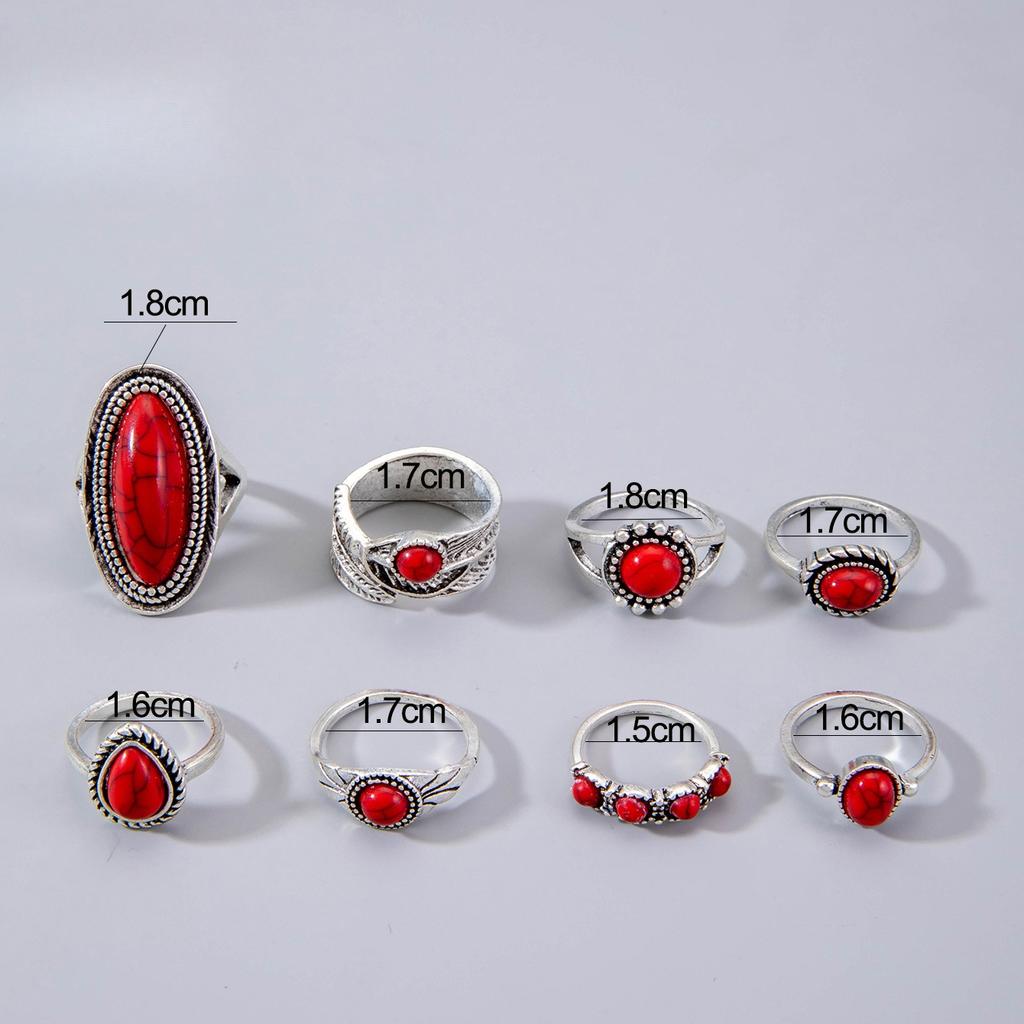 European and American Ethnic Style Carved Feather turquoise Ring Retro Personality Ring Set Combination Ring Set