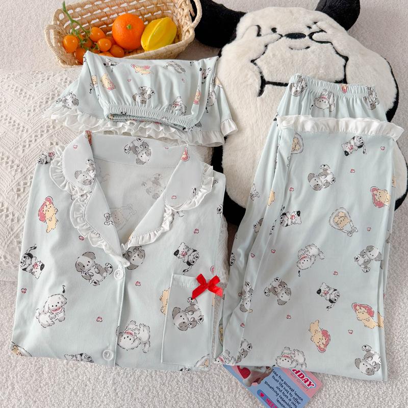 Süße Welpen-Imitation Baumwollkante hochwertiger Sommer Damenpyjama kurzärmelige Loungewear dreiteiliges Set