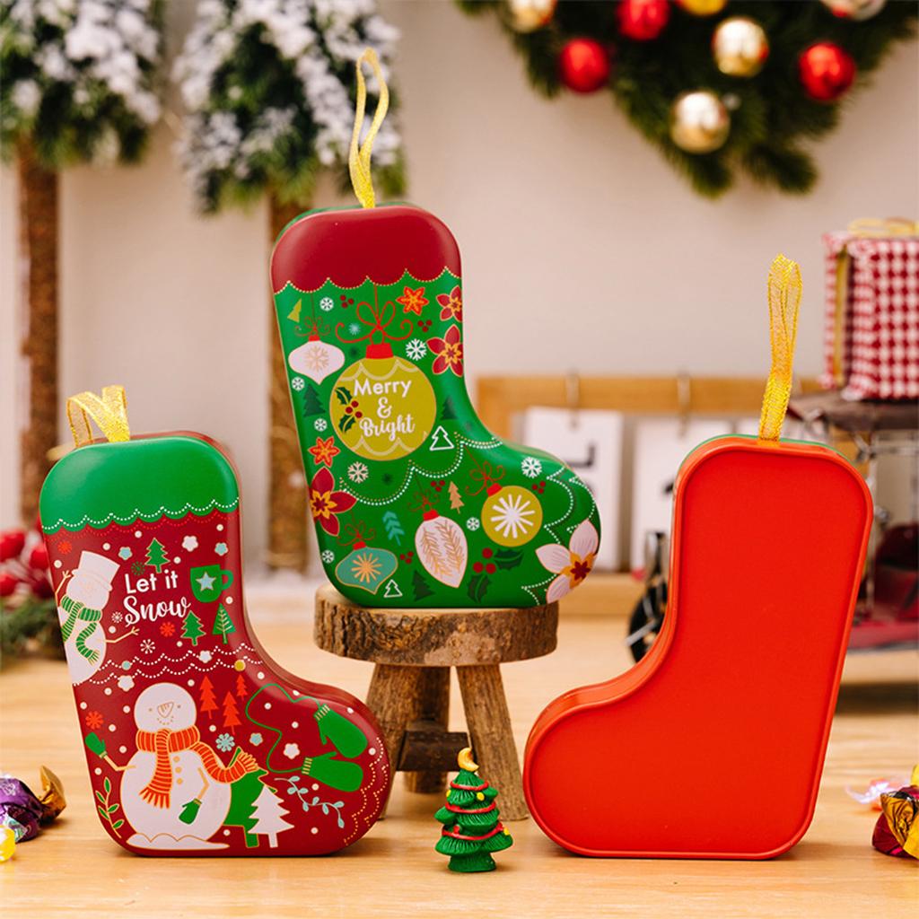 Christmas Tin Box Tinplate Xmas Stocking Shaped Candy Box With Ribbons Christmas Candy Jars Storage Containers For Xmas Holiday Party Favors