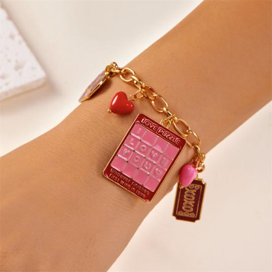 Valentine Day Bracelet Rose Flower Heart Letter Charm Adjustable Length Bracelet Girlfriend Birthday Present