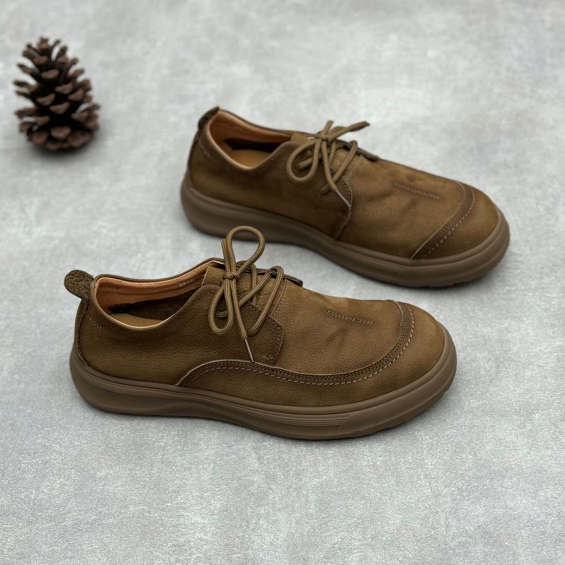 Genuine Leather Men's Shoes Spring and Summer Retro Original Round-toe Casual Flat Low-top Lace-up Cowhide Shoes