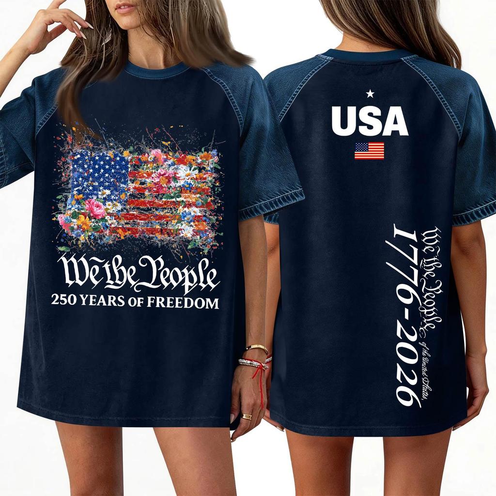 Women's Denim Patchwork Top,  Casual Short-sleeved Comfortable T-shirt,  Fashionable For Spring And Summer.