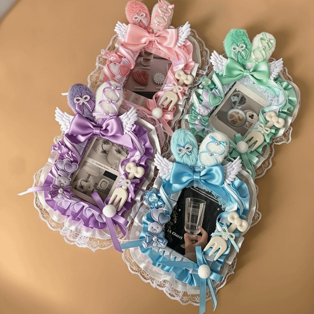 Angel Wings Card Holder Bunny Ears Design Bowknot Lace Trim Card Protector Transparent Design Bag Pendant Style Badge Holder