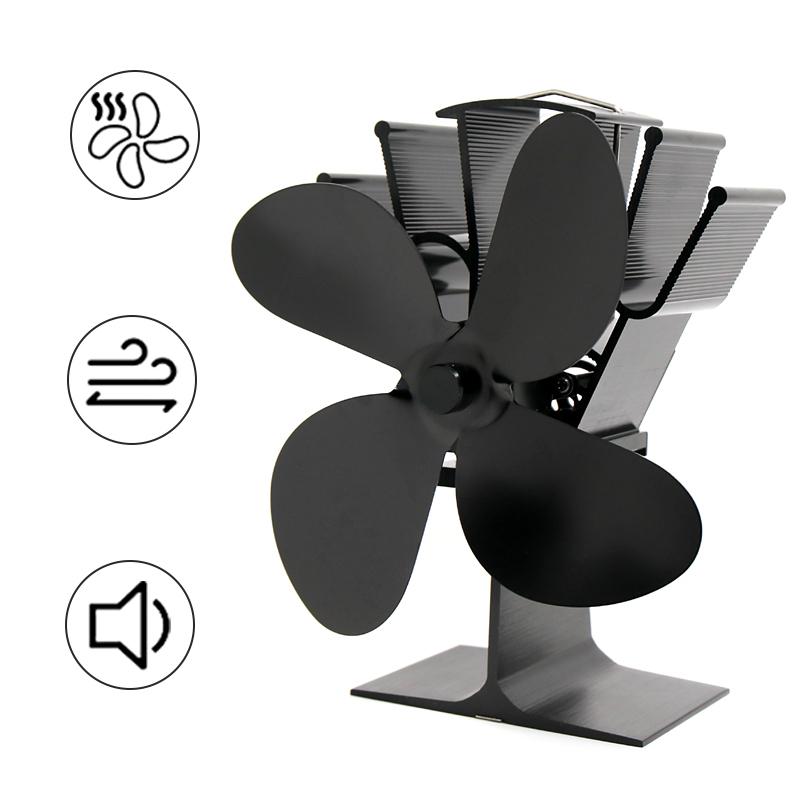 Heat Powered Komin Wood Burner Eco Fan Black Stove Fan 4 Blade Fireplace Fan Friendly Quiet Home Efficient Heat Distribution