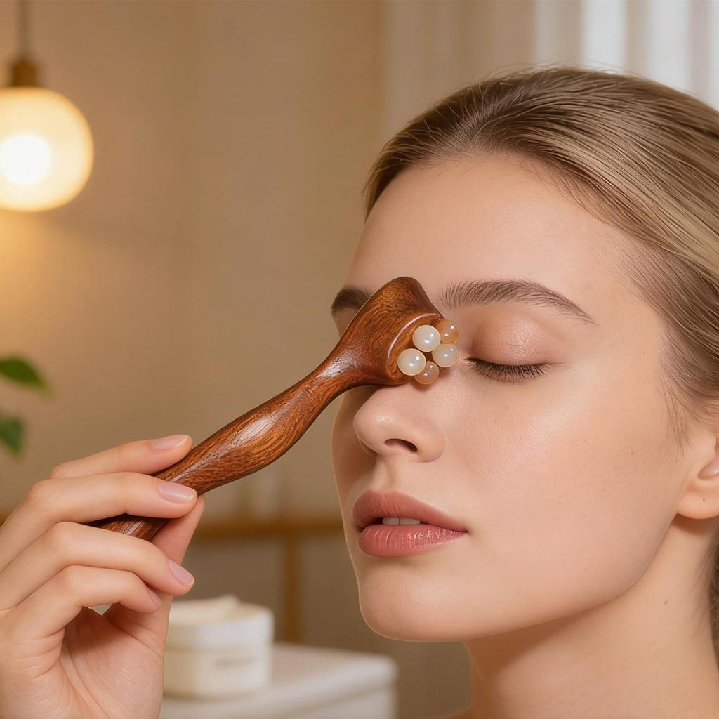 Lotus Pod Eye Massager Roller 5 Teeth Wooden Eye Scraping Tendon Stick Mini Face Massage Stick for Relieve Facial Fatigue
