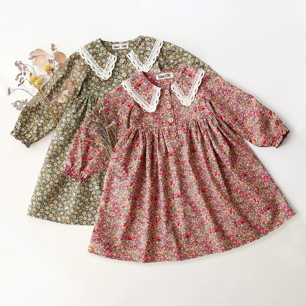 Spring Vintage Floral Kids Girl Dresses Toddler Girl Long Sleeve Dresses Children Baby Clothes