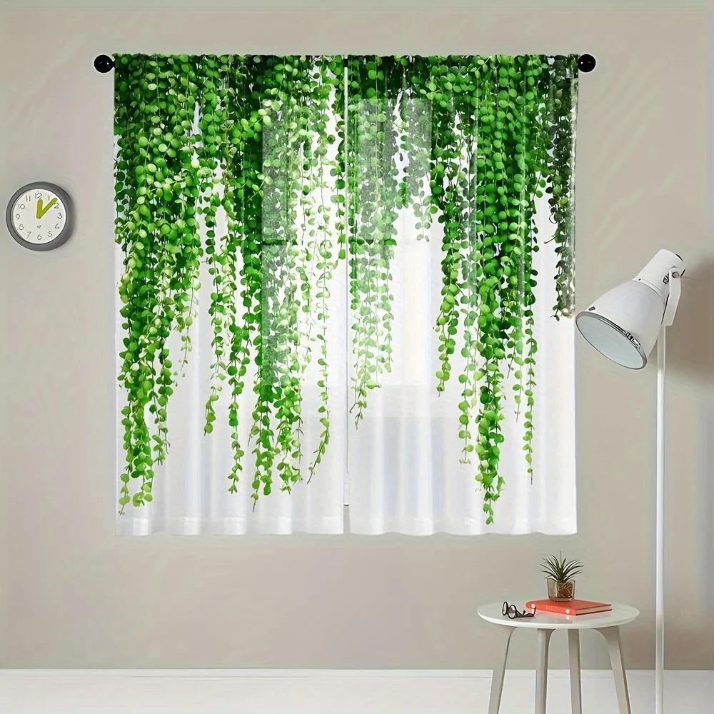 2pcs Greenery Vine Pattern Sheer Curtains Rod Pocket Window Drapes Window Treatments For Bedroom Living Room Home Decoration