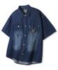 TRILLION Leather Patch Oversized Work Denim Short Sleeve Shirt [Deep Blue]