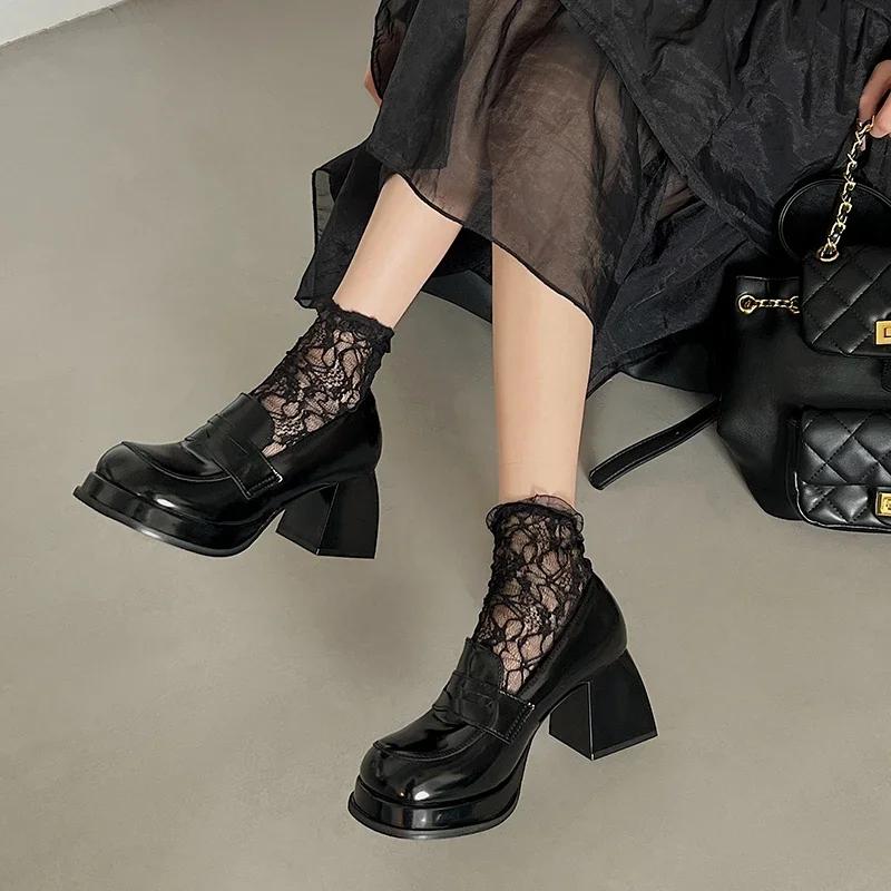 Vintage Patent Leather Platform Women Jk Pumps Shoes Fashion Shallow Slip On Shoes 2025 Spring Autumn Thick Heel Shoes