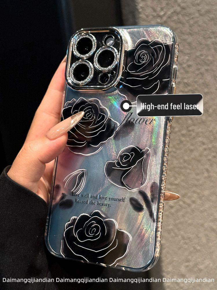 Apple 16 Black Rose Phone Case with Full Coverage Lens Film for 15/14/13 iPhone 15 Pro