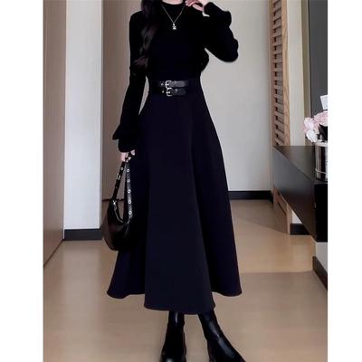 Vestido de Punto Negro Estilo Hepburn Francés para Mujer Otoño/Invierno 2024 - Largo Medio, Tendencia Cintura Pequeña