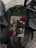 Vintage Washed Black Rose TShirt Dark Gothic Cross  Bat Print Casual Streetwear Tee
