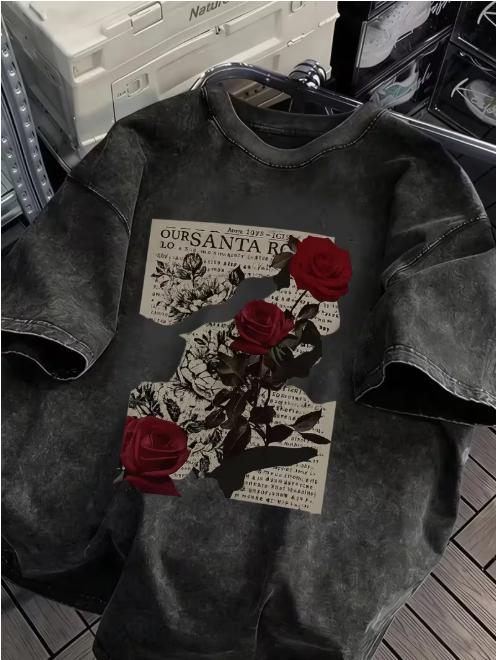 Vintage Washed Black Rose TShirt Dark Gothic Cross Bat Print Casual Streetwear Tee S