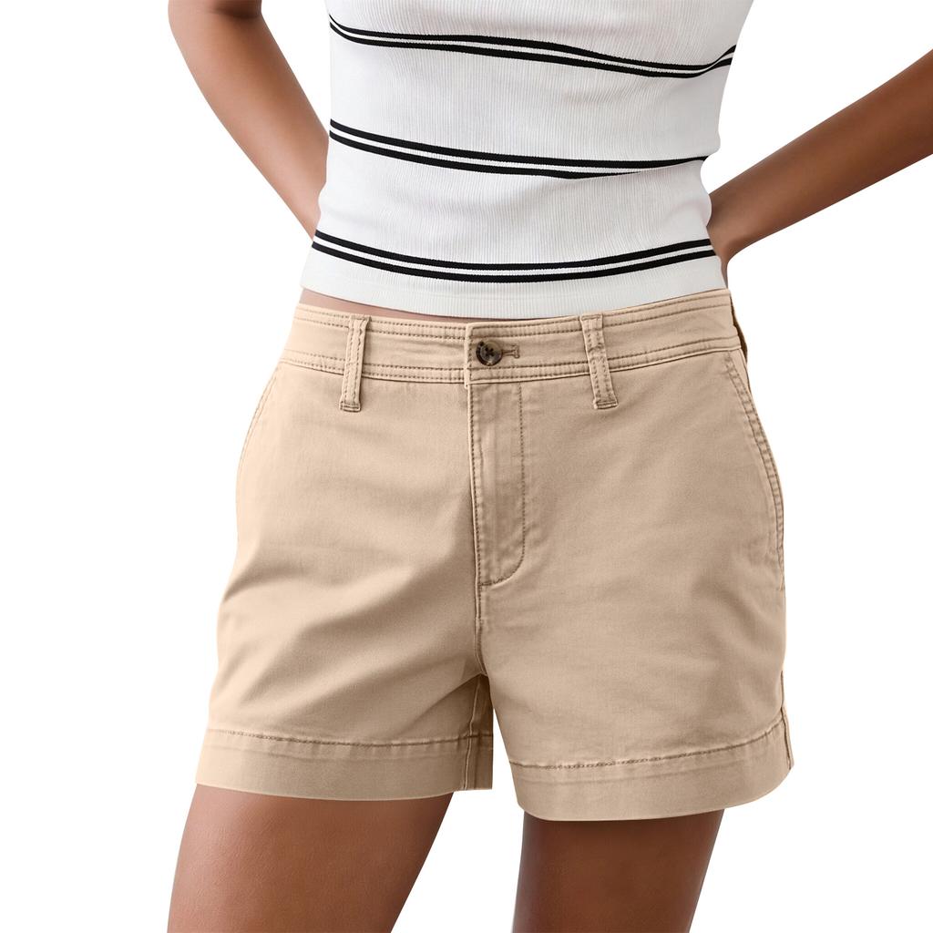 Women’s Mid Rise Cotton Blend Chino Shorts with Button Closure and Belt Loops for Everyday Casual Wear