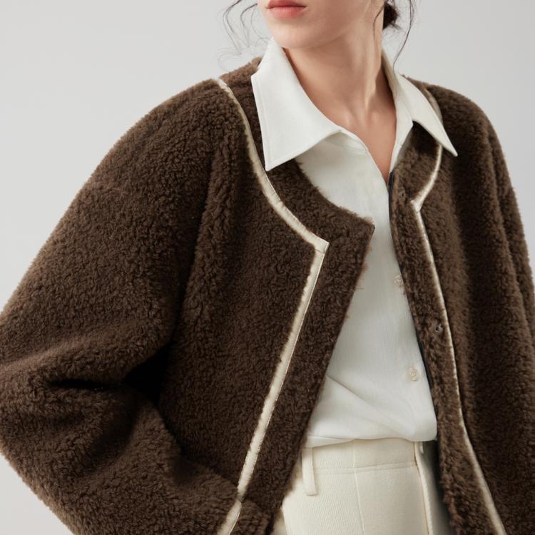 ELLE Retro Color Block Módní Design Ležérní Dlouhý Rukáv Plyšový Kabát z Jehněčí Vlny Dámský svrchní oděv EF52675