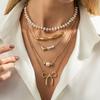 Wind Imitation Pearl Beads Stacked Necklace, Sweet And Cool Love Bow Elbow Collarbone Chain Necklace