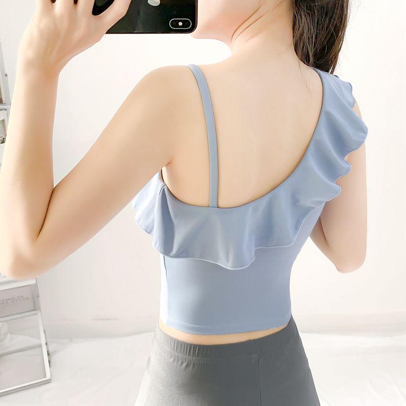 

Yoga Clothes with Chest Pad Beauty Back Vest Running Sports Breathable Shoulder Workout Sexy Ruffles Long Sleeves Tops Women Light blue M [45.00 kg-50.00 kg]]
