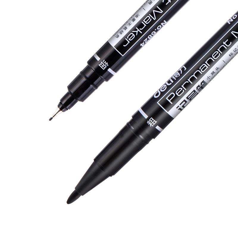 Deli Quick-Drying Waterproof Fineliner Marker, Double Tip (Fine & Broad) - Black, Ideal for Elementary Students' Drawing and Outlining.