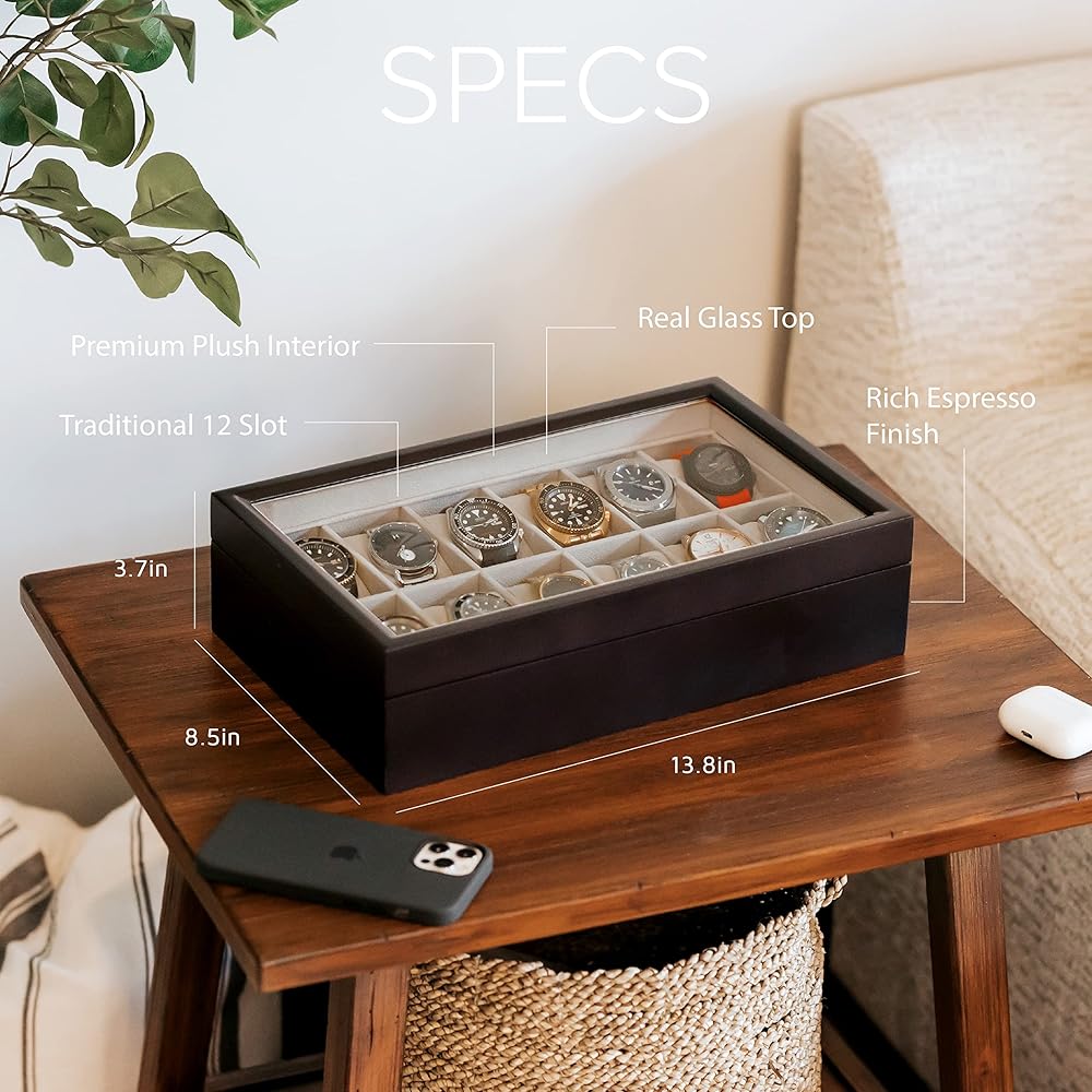 Case Elegance (Case Elegance) Watch Case Solid Wood Espresso Color Watch Glass Display Case Colle...