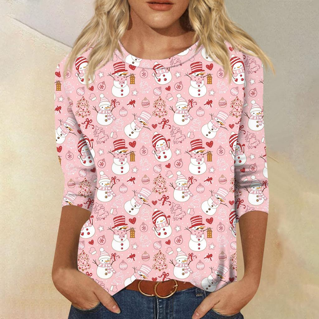 Women's Fashion Casual Round Neck 3/4 Sleeve Loose  Printed T-Shirt Ladies Top
