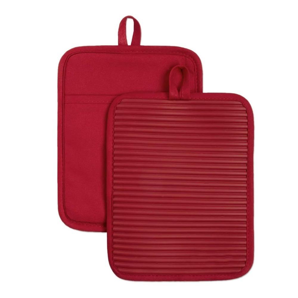 

2pcs Non-slip Insulation Pad Silicone Striped Oven Gloves Baking Tool Silicone Pot Holder Microwave красный