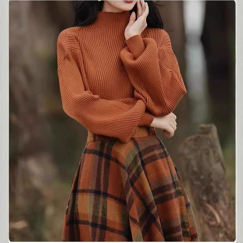 Dámské Podzim Zima Nová móda Pletený svetr s dlouhým rukávem Svetr Topy Kostkované směsi vlny Sukně Dvoudílné sady